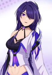 Rule 34 | 1girl, acheron (honkai: star rail), black choker, breasts, choker, cleavage, coat, commentary, english commentary, ga veh, gradient background, highres, honkai: star rail, honkai (series), large breasts, long hair, long sleeves, looking at viewer, midriff, navel, parted lips, purple background, purple eyes, purple hair, single bare shoulder, solo, stomach, upper body, very long hair, white coat
