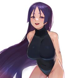Rule 34 | 1girl, absurdres, alternate costume, bare arms, bare shoulders, black one-piece swimsuit, blush, breasts, commentary, covered navel, cowboy shot, english commentary, eyelashes, fate/grand order, fate (series), hair over eyes, highleg, highleg swimsuit, highres, hood (james x), large breasts, long hair, looking at viewer, minamoto no raikou (fate), navel, one-piece swimsuit, open mouth, parted bangs, purple eyes, purple hair, shiny clothes, short eyebrows, simple background, skin tight, solo, swimsuit, very long hair, white background