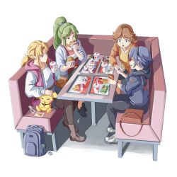 Rule 34 | 4girls, automatic giraffe, backpack, bag, black scarf, blonde hair, blue eyes, blue hair, booth seating, brown hair, burger, chicken nuggets, cup, drinking straw, drinking straw in mouth, earrings, eating, fire emblem, fire emblem awakening, food, french fries, gen 2 pokemon, green eyes, green hair, handbag, holding, holding cup, hood, hoodie, jewelry, kid icarus, kid icarus uprising, looking at another, lucina (fire emblem), mario (series), multiple girls, nintendo, open mouth, palutena, pichu, pink hoodie, pointy ears, princess daisy, princess zelda, scarf, shoes, smile, super mario land, super smash bros., the legend of zelda, the legend of zelda: a link between worlds, watch, white hoodie, wristwatch