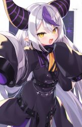Rule 34 | 1girl, black dress, commentary request, demon horns, dress, grey hair, hair between eyes, hands up, highres, hololive, horns, la+ darknesss, long hair, long sleeves, looking at viewer, multicolored hair, purple hair, sleeves past fingers, sleeves past wrists, solo, sparkle, streaked hair, striped horns, tousaki shiina, v-shaped eyebrows, very long hair, virtual youtuber, yellow eyes