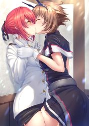 Rule 34 | 2girls, against wall, black ribbon, black skirt, blush, braid, braided bun, breast press, breasts, brown hair, buttons, closed eyes, commentary request, commission, female admiral (kancolle), gloves, hair between eyes, hair bun, hair ribbon, headgear, highres, kantai collection, kiss, large breasts, leg between thighs, long sleeves, medium breasts, military, military uniform, multiple girls, mutsu (kancolle), mutsu kai ni (kancolle), pleated skirt, red hair, ribbon, ryu-akt, skeb commission, skirt, symmetrical docking, uniform, white gloves, yellow eyes, yuri