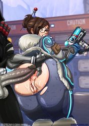 Rule 34 | 1boy, 1girl, anus, ass, ass grab, bent over, from behind, glasses, hetero, huge ass, huge penis, imminent anal, imminent penetration, looking back, mei (overwatch), overwatch, overwatch 1, penis, pussy, reaper (overwatch), spread anus, spread ass, sweat, uncensored, wide hips