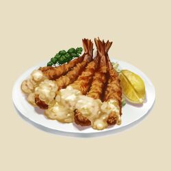 Rule 34 | food, food focus, fruit, haruhi1281, highres, lemon, lemon slice, no humans, original, plate, sauce, shrimp, shrimp tempura, simple background, still life, tempura, yellow background