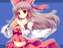 Rule 34 | 1girl, bow, brown hair, detached sleeves, female focus, hair bow, hakurei reimu, japanese clothes, long hair, looking at viewer, midriff, miko, pikazo, solo, steepled fingers, touhou