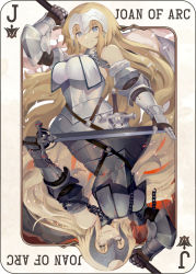 Rule 34 | 2girls, akizone, arm up, armor, armored dress, bare shoulders, black armor, blonde hair, blue eyes, breasts, card, chain, character name, commentary, dual wielding, english commentary, fate/grand order, fate (series), fur trim, gauntlets, headpiece, highres, holding, holding sword, holding weapon, jeanne d&#039;arc (fate), jeanne d&#039;arc (ruler) (fate), jeanne d&#039;arc (third ascension) (fate), jeanne d&#039;arc alter (avenger) (fate), jeanne d&#039;arc alter (fate), large breasts, long hair, looking at viewer, multiple girls, open mouth, playing card, sheath, sheathed, smile, sword, upside-down, very long hair, weapon, yellow eyes