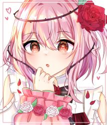 Rule 34 | 1girl, :o, absurdres, brown eyes, clothing cutout, flower, hair flower, hair ornament, highres, looking at viewer, misuka, nijisanji, nijisanji en, open mouth, pink hair, plant, portrait, red flower, red rose, rose, rosemi lovelock, rosemi lovelock (1st costume), short sidetail, shoulder cutout, solo, thorns, vines, virtual youtuber, white background, white flower, white rose