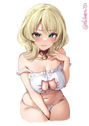Rule 34 | 1girl, alternate costume, aqua eyes, bell, between legs, blonde hair, blush, bra, braid, breasts, cat cutout, cat ear panties, cat lingerie, cleavage, cleavage cutout, clothing cutout, collarbone, colorado (kancolle), cowboy shot, cropped legs, ebifurya, frilled bra, frills, hand between legs, highres, jingle bell, kantai collection, large breasts, looking at viewer, meme attire, navel, neck bell, one-hour drawing challenge, panties, short hair, side braids, sitting, solo, twitter username, underwear, underwear only, white background, white bra