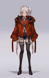 Rule 34 | 1girl, arms at sides, belt, black footwear, black thighhighs, boots, brown eyes, collar, commentary, full body, garter straps, grey background, highres, jacket, lm7 (op-center), long sleeves, looking at viewer, original, parted bangs, red jacket, short hair, side ponytail, simple background, solo, standing, thigh boots, thighhighs, white hair