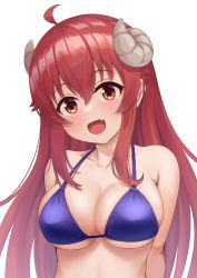 Rule 34 | 1girl, bikini, blue bikini, blush, breasts, brown eyes, brown hair, cleavage, demon girl, demon horns, fang, highres, horns, large breasts, looking at viewer, machikado mazoku, open mouth, simple background, smile, solo, sonao, swimsuit, upper body, white background, yoshida yuuko (machikado mazoku)