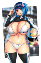 Rule 34 | 1girl, absurdres, adjusting clothes, adjusting headwear, blue headwear, blurry, blurry background, brand name imitation, breasts, commentary, english commentary, erkaz, floral print, hat, helmet, highres, looking at viewer, open mouth, original, outside border, race queen, racetrack, red eyes, rina atherina, sponsor, thick thighs, thighhighs, thighs, track suit