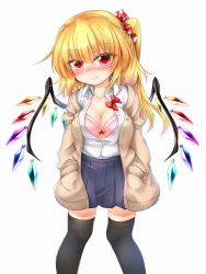 Rule 34 | 1girl, alternate breast size, beige jacket, black thighhighs, blonde hair, blue skirt, blush, bow, bra, breasts, cardigan, cleavage, commentary request, cowboy shot, crystal, eyelashes, fang, fang out, flandre scarlet, hair between eyes, hair ornament, hair scrunchie, hands in pockets, head tilt, highres, jacket, large breasts, long hair, long sleeves, looking at viewer, marukyuu ameya, miniskirt, no headwear, nose blush, one side up, open cardigan, open clothes, open jacket, pink bra, pleated skirt, polka dot, red bow, red eyes, red scrunchie, scrunchie, shirt, simple background, skirt, smile, solo, standing, thighhighs, thighs, touhou, underwear, white background, white shirt, wing collar, wings, zettai ryouiki