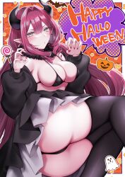Rule 34 | 1girl, ass, baobhan sith (fate), blush, breasts, demon horns, earrings, fate/grand order, fate (series), grey eyes, halloween, highres, hoop earrings, horns, ichi kq, jewelry, large breasts, long hair, looking at viewer, pink hair, pointy ears, sidelocks, solo, thighs