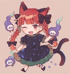 Rule 34 | 1girl, animal ears, black dress, blush stickers, braid, cat ears, cat tail, dress, extra ears, fang, frilled dress, frills, full body, kaenbyou rin, long hair, mozukuzu (manukedori), multiple tails, one eye closed, open mouth, red eyes, red hair, short sleeves, skull, smile, solo, tail, touhou, twin braids, two tails