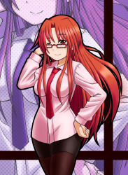 Rule 34 | 1girl, bad id, bad pixiv id, breasts, glasses, hand on own hip, hip focus, long hair, miniskirt, necktie, one eye closed, original, pantyhose, red eyes, red hair, sen-asanagi, shirt, skindentation, skirt, smile, solo, wink, zoom layer