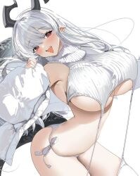 Rule 34 | 1girl, arrow (tamawo222), breasts, dragon girl, dragon horns, dragon tail, grey hair, horns, jacket, large breasts, long hair, looking at viewer, looking to the side, meme attire, open mouth, original, panties, pointy ears, red eyes, ribbed sweater, side-tie panties, sideboob, solo, sweater, tail, teeth, thighhighs, tilted head, turtleneck, turtleneck sweater, underboob, underwear, upper teeth only, virgin destroyer sweater, white jacket, white panties, white sweater, white thighhighs