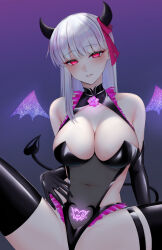 Rule 34 | 1girl, bare shoulders, black gloves, black leotard, black thighhighs, blush, breasts, cleavage, covered navel, demon girl, demon horns, demon tail, demon wings, elbow gloves, fate/grand order, fate (series), gloves, glowing tattoo, grin, halloween, highleg, highleg leotard, horns, kama (fate), large breasts, leotard, long hair, looking at viewer, pubic tattoo, red eyes, smile, solo, spread legs, tail, tattoo, thighhighs, white hair, wings, yumeneko nyaa
