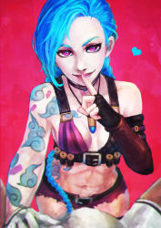 Rule 34 | 1girl, absurdres, ammunition, arm tattoo, asymmetrical gloves, bandolier, bare shoulders, belt, belt buckle, bikini, bikini top only, blue hair, braid, breasts, breasts apart, buckle, bullet, bullet necklace, cartridge, chest tattoo, collarbone, elbow gloves, explosive, eyelashes, finger to mouth, fingerless gloves, fingernails, gloves, heart, highres, jewelry, jinx (league of legends), league of legends, long hair, makeup, mascara, midriff, monori rogue, nail polish, navel, necklace, pendant, pink eyes, pink nails, red lips, short shorts, shorts, shushing, small breasts, smile, solo, spoken heart, stomach tattoo, swimsuit, tattoo, twin braids, uneven gloves, very long hair, whorled clouds