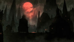 Rule 34 | anato finnstark, artist name, bloodborne, building, cloud, cloudy sky, fog, full moon, highres, moon, night, no humans, outdoors, red moon, scenery, sky, spot color, yharnam