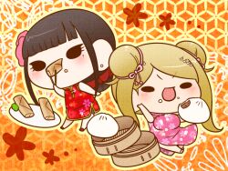 Rule 34 | 2girls, akamatsu kaede, alternate costume, arm up, bamboo steamer, baozi, bare arms, bare shoulders, black eyes, blonde hair, breasts, brown hair, cherry blossom print, chibi, china dress, chinese clothes, chopsticks, collared dress, commentary request, crumbs, danganronpa (series), danganronpa v3: killing harmony, double bun, dress, earrings, eating, eyelashes, floral background, floral print, flower, food, fortissimo, hair bun, hair flower, hair ornament, hair ribbon, hair scrunchie, harukawa maki, high collar, holding, holding chopsticks, holding food, holding with chopsticks, jewelry, large breasts, light blush, long dress, long hair, medium dress, mole, mole under eye, multiple girls, musical note, musical note hair ornament, open mouth, orange background, outline, pale skin, pink dress, pink flower, pink footwear, pink ribbon, plate, red dress, red footwear, red scarf, ribbon, scarf, scrunchie, shoes, side slit, simple background, single bare leg, single hair bun, sleeveless, sleeveless dress, smile, solid oval eyes, spring roll, stud earrings, v-shaped eyebrows, yellow outline, yumaru (marumarumaru)