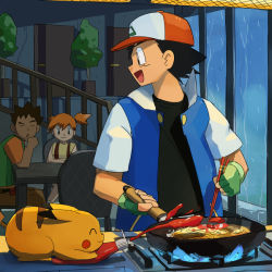 Rule 34 | 1girl, 2boys, ash ketchum, baseball cap, black hair, black undershirt, blue fire, brock (pokemon), chair, chopsticks, collared shirt, cooking, creatures (company), door, eye contact, fingerless gloves, fire, food, game freak, gen 1 pokemon, gloves, green gloves, green vest, guodon, hat, indoors, ketchup, ketchup bottle, looking at another, misty (pokemon), multiple boys, nintendo, noodles, open mouth, orange shirt, pikachu, pokemon, pokemon (anime), pokemon (classic anime), pokemon (creature), red headwear, shirt, short hair, short sleeves, sleeveless, sleeveless shirt, spiked hair, stairs, stove, suspenders, t-shirt, table, upper body, vest, window, wok, yellow shirt