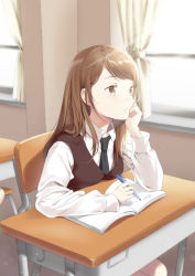 Rule 34 | 1girl, black necktie, blurry, book, brown eyes, brown hair, brown vest, classroom, commentary request, curtains, depth of field, desk, diffraction spikes, dress shirt, elbow rest, expressionless, hand on own face, holding, holding pen, indoors, light particles, long hair, long sleeves, looking to the side, necktie, open book, original, parted lips, pen, school desk, school uniform, shirt, sitting, sleeve cuffs, solo, unya (unya-unya), very long hair, vest, white shirt, window