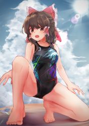 Rule 34 | 1girl, :o, armpit crease, bare legs, bare shoulders, blunt bangs, bow, breasts, brown eyes, brown hair, cloud, cloudy sky, collarbone, competition swimsuit, day, feet, frilled bow, frills, hair bow, hair tubes, hakurei reimu, highres, kneeling, legs, looking at viewer, medium breasts, medium hair, nail polish, on one knee, one-piece swimsuit, open hands, open mouth, outdoors, pink nails, red bow, sidelocks, sky, solo, sun, sunlight, swimsuit, taguno, teeth, toenail polish, toenails, touhou