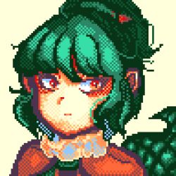 Rule 34 | 1other, adagumo no saragimaru, androgynous, bad id, bad source, bad twitter id, blunt bangs, capelet, collar, collared capelet, expressionless, green hair, hair ornament, highres, len&#039;en, len en spe, looking at viewer, pixel art, purple capelet, red eyes, short hair, short ponytail, snake hair ornament, snake tail, tail, upper body, white collar, yellow background