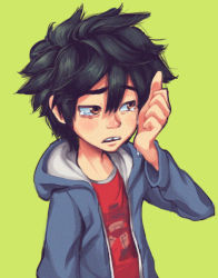 Rule 34 | 1boy, bad id, bad pixiv id, big hero 6, black hair, brown eyes, crying, crying with eyes open, green background, hiro hamada, hood, hood down, hoodie, male focus, marvel, missing tooth, open clothes, open hoodie, sanjiro (tenshin anman), short hair, solo, spiked hair, tears