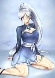 Rule 34 | 1girl, absurdres, blue background, blue dress, blue eyes, blush, breasts, cleavage, dress, earrings, highres, jewelry, long hair, looking at viewer, medium breasts, ponytail, rwby, scar, scar across eye, scar on face, sitting, smile, solo, very long hair, vilde loh hocen, weiss schnee, white hair