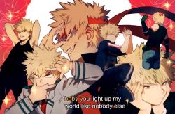 Rule 34 | 10s, 1boy, angry, armpits, arms up, back, bakugou katsuki, blonde hair, boku no hero academia, clenched teeth, cropped legs, denim, elbow gloves, english text, explosive, fake screenshot, flower, from behind, gloves, grenade, gwillarmy, hairband, half-closed eyes, hands on own face, jacket, jeans, long sleeves, lyrics, multiple views, necktie, no pupils, pants, red eyes, red flower, red necktie, red rose, rose, school uniform, smile, smirk, solo focus, sparkle, spiked hair, sweatdrop, tank top, teeth, text focus, track jacket, track pants