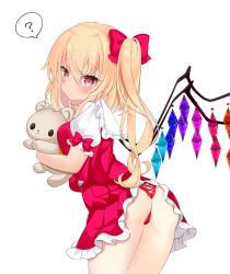 Rule 34 | 1girl, ?, animal ears, arms up, ascot, ass, bear ears, black eyes, blonde hair, blush, bow, breasts, closed mouth, collared shirt, commentary request, crystal, eyelashes, eyes visible through hair, flandre scarlet, frills, hair between eyes, hair bow, hand up, hands up, hug, jewelry, looking at viewer, looking to the side, medium breasts, multicolored wings, no headwear, one side up, panties, pink bow, pink eyes, pink skirt, pink vest, puffy short sleeves, puffy sleeves, red panties, shirt, short hair, short sleeves, simple background, skirt, solo, speech bubble, standing, stuffed animal, stuffed toy, teddy bear, tosakaoil, touhou, underwear, vest, white background, white shirt, wings, yellow ascot