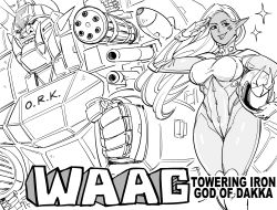 Rule 34 | 1girl, bb (baalbuddy), bodysuit, breasts, commentary, covered navel, dark elf, elf, english commentary, english text, facial tattoo, gloves, greyscale, gun, hand up, helmet, highres, holding, holding helmet, large breasts, long hair, looking at viewer, machine gun, mecha, missile, monochrome, orc, original, parody, pilot suit, pointy ears, projected inset, robot, salute, simple background, smile, smug, solo, sparkle, standing, tattoo, weapon, white background