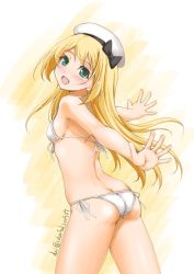 Rule 34 | 1girl, akimoto dai, ass, bikini, blonde hair, blue eyes, breasts, butt crack, cowboy shot, dated, from behind, halterneck, hat, highres, jervis (kancolle), kantai collection, long hair, looking at viewer, one-hour drawing challenge, outstretched arms, sailor hat, side-tie bikini bottom, sideboob, small breasts, smile, solo, swimsuit, twitter username, white bikini, white hat, yellow background