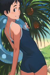 Rule 34 | 1girl, ass, bare shoulders, beach, black eyes, black hair, casual one-piece swimsuit, dutch angle, grin, highres, innertube, looking at viewer, looking back, one-piece swimsuit, original, school swimsuit, short hair, smile, solo, swim ring, swimsuit, takamichi, tomboy