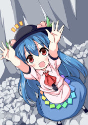 Rule 34 | 1girl, black hat, blue hair, darkside, female focus, hat, hinanawi tenshi, long hair, outstretched arms, red eyes, solo, touhou