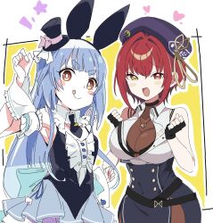 Rule 34 | 2girls, :q, animal ears, ascot, beret, black ascot, black gloves, black headwear, blue hair, breasts, clenched hands, closed mouth, commentary request, fake animal ears, fingerless gloves, gloves, hat, heart, heart necklace, heterochromia, highres, hololive, houshou marine, houshou marine (businesswoman), ixy, jewelry, large breasts, long hair, looking at viewer, mini hat, multiple girls, necklace, open mouth, purple headwear, rabbit ears, red eyes, red hair, short hair, smile, star (symbol), thick eyebrows, tongue, tongue out, two-tone background, usada pekora, usada pekora (furi furi bunny dress), virtual youtuber, white background, yellow background, yellow eyes