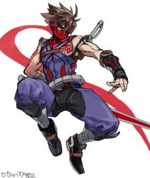 Rule 34 | 1boy, bandaged arm, bandages, belt, brown hair, full body, indesign, male focus, ninja, plasma sword, red scarf, scarf, signature, simple background, solo, spiked hair, strider (video game), strider hiryuu, sword, weapon, white background