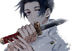Rule 34 | 1boy, black hair, blue eyes, buttons, closed mouth, commentary request, expressionless, holding, holding weapon, jacket, jewelry, jujutsu kaisen, katana, looking at viewer, male focus, nori20170709, okkotsu yuuta, ring, short hair, simple background, solo, sword, weapon, white background, white jacket