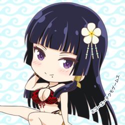 Rule 34 | 1girl, bikini, bikini top only, black hair, blunt bangs, blush, breasts, chibi, cleavage, dead or alive, dead or alive xtreme venus vacation, eyeshadow, front-tie bikini top, front-tie top, hime cut, large breasts, long hair, looking at viewer, lowres, makeup, mole, mole under mouth, navel, nyotengu, o-ring bikini top, official art, patterned background, purple eyes, purple hair, smile, swimsuit, tecmo, wave print