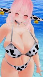 Rule 34 | 1girl, 3d, animated, aqua hair, bikini, bouncing breasts, breasts, cleavage, cornelia vr, cow print, cow print bikini, curvy, highres, huge breasts, looking at viewer, pink hair, print bikini, smile, solo, swimsuit, tagme, thighs, video, vrchat, wide hips, yellow eyes
