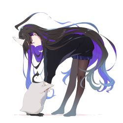 Rule 34 | 1girl, animal, bent over, bird, black hair, black sweater, blue skirt, brown pantyhose, closed mouth, commentary request, from side, full body, highres, long sleeves, looking away, looking down, multicolored hair, no shoes, original, pantyhose, penguin, pleated skirt, profile, puffy long sleeves, puffy sleeves, purple eyes, purple hair, shadow, skirt, sleeves past wrists, smile, solo, sweater, tama (tama-s), triangular headpiece, two-tone hair, white background, white headwear, yurako-san (tama)