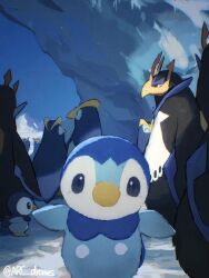 Rule 34 | 6+others, arc draws, beak, bird, blue sky, creatures (company), empoleon, evolutionary line, game freak, gen 4 pokemon, highres, ice, looking at viewer, multiple others, nintendo, no humans, outstretched arms, penguin, photo-referenced, piplup, pokemon, pokemon (creature), prinplup, shade, sky, twitter username, wings