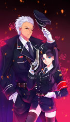 Rule 34 | 1boy, 1girl, absurdres, archer (fate), black hair, blue eyes, brown eyes, cape, fate/stay night, fate (series), flower, gloves, hair ribbon, hat, height difference, highres, military, military hat, military uniform, one eye closed, ribbon, rose, thighhighs, tohsaka rin, two side up, uniform, white hair, yaoshi jun