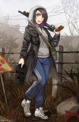Rule 34 | 1girl, :d, absurdres, bandaid, bandaid on cheek, bandaid on face, barbed wire, black coat, blue pants, brown eyes, coat, commentary, day, dirty, dirty clothes, drawstring, english commentary, fang, fence, full body, grey hoodie, gun, highres, holding, holding gun, holding mask, holding weapon, hood, hood up, hoodie, long sleeves, looking at viewer, mask, unworn mask, mud, ndtwofives, open clothes, open coat, open mouth, outdoors, over shoulder, pants, power lines, purple hair, radiation symbol, shoes, shotgun, sign, ski mask, sky, smile, sneakers, solo, stalker (game), sweatpants, swept bangs, transmission tower, twitter username, v-shaped eyebrows, weapon, weapon over shoulder, weapon request, white footwear