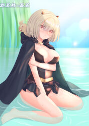 Rule 34 | 1girl, absurdres, animal, animal on shoulder, arm under breasts, bird, bird on shoulder, black cape, black dress, blonde hair, breasts, brown dust 2, cape, cleavage, demon horns, dengmingxuan~chacha, dress, eyebrows hidden by hair, full body, grabbing own arm, hair between eyes, hair over eyes, highres, horns, in water, justia (blood glutton) (brown dust), justia (brown dust), large breasts, lens flare, ocean, red eyes, sitting, small horns, solo, strapless, strapless dress, wariza, wet, wet clothes