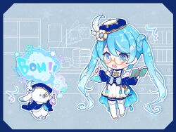 Rule 34 | 1girl, animal, asagao minoru, blue background, blue border, blue eyes, blue hair, blue hat, blue jacket, blue nails, blue theme, book, book stack, bookshelf, boots, border, braid, chain, chibi, christmas ornaments, clothed animal, dress, erlenmeyer flask, explosion, flask, flower, full body, fur-trimmed jacket, fur trim, glasses, gold trim, grey background, grey vest, hair flower, hair ornament, hands up, hat, hat feather, hatsune miku, high heel boots, high heels, holding, holding book, holding flask, indoors, jacket, laboratory, lace trim, light blue hair, liquid, long hair, looking at viewer, monocle, multicolored hair, neck tassel, off shoulder, open mouth, pleated dress, quilted jacket, rabbit, rabbit yukine, ribbon, round-bottom flask, semi-rimless eyewear, snowflake print, snowflakes, standing, starry sky print, streaked hair, surprised, sweatdrop, tassel, thigh boots, thighhighs, twintails, two-sided fabric, two-sided jacket, under-rim eyewear, very long hair, vest, vocaloid, w arms, white dress, white footwear, white ribbon, yellow-framed eyewear, yuki miku, yuki miku (2025) (candidate no.4), zettai ryouiki