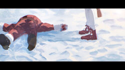 Rule 34 | 1boy, 1girl, ankodesoy, artist logo, belt, blood, blood on hands, blood on snow, boots, brown belt, corpse, day, death, footprints, fur trim, highres, implied murder, jumpsuit, lens flare, letterboxed, lower body, nijisanji, outdoors, pantyhose, pom pom (clothes), pool of blood, red footwear, red jumpsuit, santa claus, shadow, snow, snowing, standing, tsukino mito, virtual youtuber, white pantyhose, winter