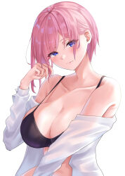 Rule 34 | 1girl, bare shoulders, black bra, blue eyes, bra, breasts, cleavage, closed mouth, collarbone, go-toubun no hanayome, highres, large breasts, long sleeves, looking at viewer, nakano ichika, off shoulder, pink hair, playing with own hair, shirt, short hair, simple background, solo, underwear, upper body, uyufuzi s, white background, white shirt