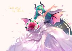 Rule 34 | 1girl, :d, absurdres, aqua hair, areola slip, arm up, armpits, bare arms, bare shoulders, black wings, blush, bouquet, breasts, bridal veil, choker, cleavage, collarbone, dress, english text, feet out of frame, flower, headpiece, highres, holding, holding bouquet, horns, large breasts, long hair, looking at viewer, lord of walkure, multiple horns, open mouth, petals, pink background, pink flower, pink rose, pointy ears, purple eyes, rose, rose petals, signature, simple background, single sidelock, smile, solo, sora-bozu, sparkle, standing, strapless, strapless dress, thighhighs, veil, very long hair, waving, wedding dress, white choker, white dress, white flower, white rose, white thighhighs, wings