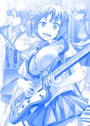 Rule 34 | 3girls, blue theme, breasts, comic, commentary, concert, electric guitar, eyebrows, fang, fender jazzmaster, flying sweatdrops, greyscale, guitar, hair ribbon, himura kiseki, inconvenient breasts, instrument, large breasts, long hair, microphone stand, miniskirt, monochrome, multiple girls, music, necktie, open mouth, original, pleated skirt, ribbon, school uniform, short hair, silent comic, singing, skirt, stage, sweatdrop, twintails, uneven eyes